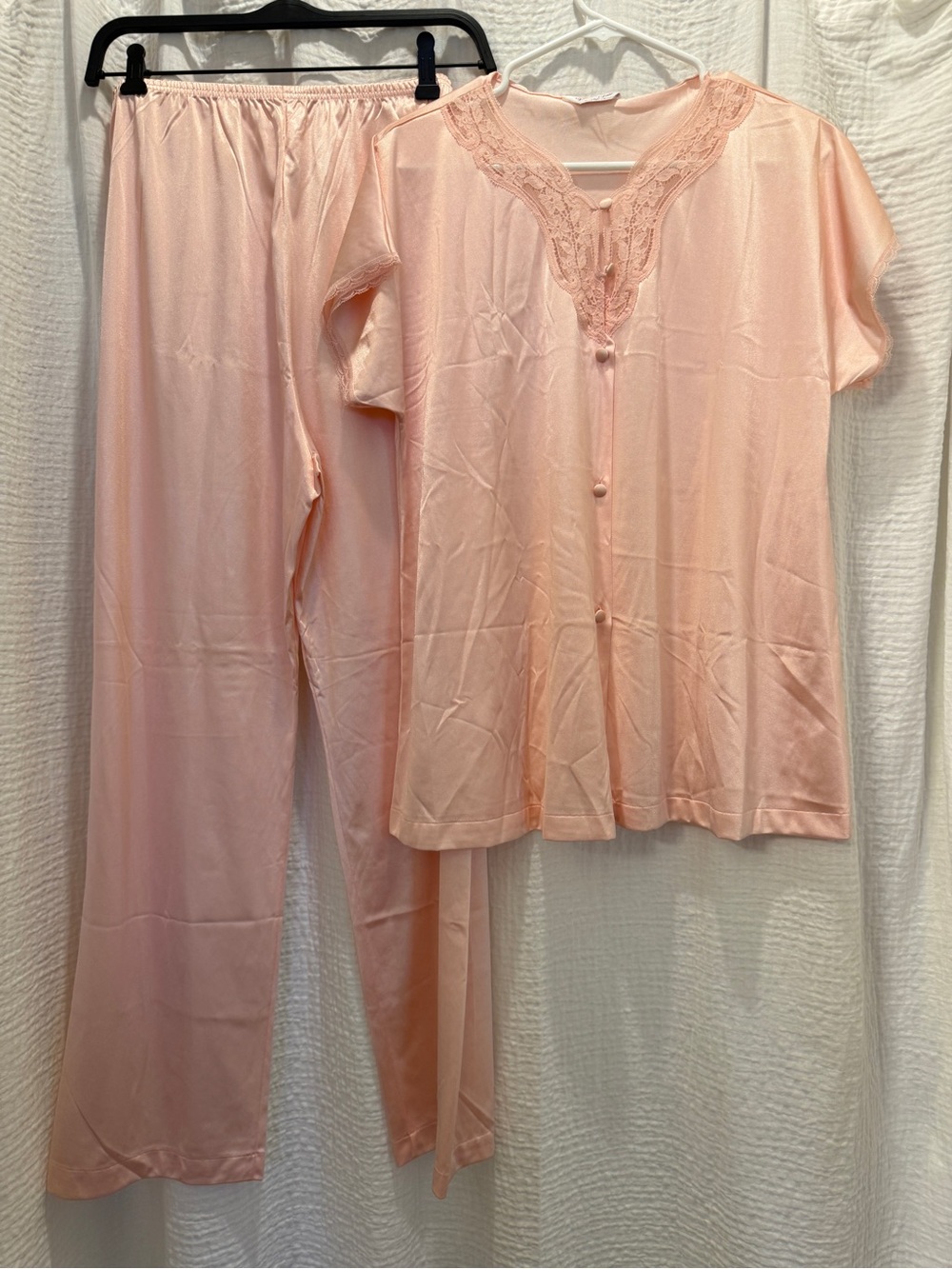 Vintage Vanity Fair 2-Piece Nylon Pajama Set - Pastel Pink Lace Trim M/L